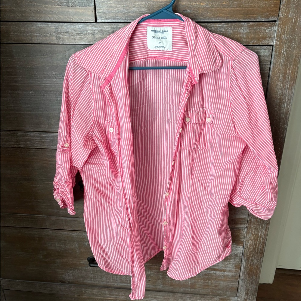 American Eagle Outfitters Pink Striped Casual Button Down Shirt